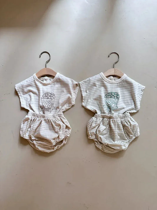 半袖セットアップ ベビーセットアップ 2点セット 半袖Tシャツ+ブルマパンツ ボーダー ポップコーンプリント 2カラー【mh0005940】