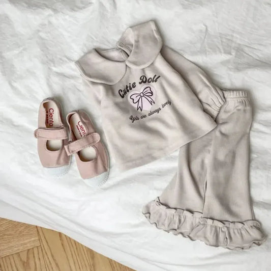 長袖セットアップ ベビーキッズセットアップ 2点セット リボンプリント丸襟長袖Tシャツ+裾フリルロングパンツ 2カラー【mh0007416】