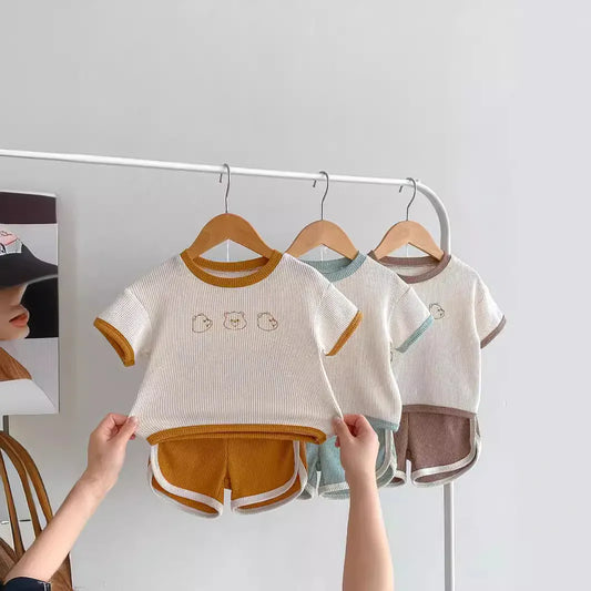 半袖セットアップ ベビーセットアップ 2点セット ワッフル 半袖Tシャツ+ショートパンツ ベアくまプリント 3カラー