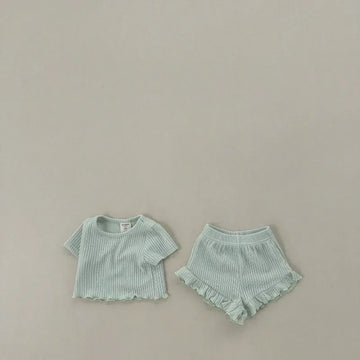半袖セットアップ キッズセットアップ 2点セット 半袖フリルTシャツ+フリルショートパンツ パステルカラー 4カラー