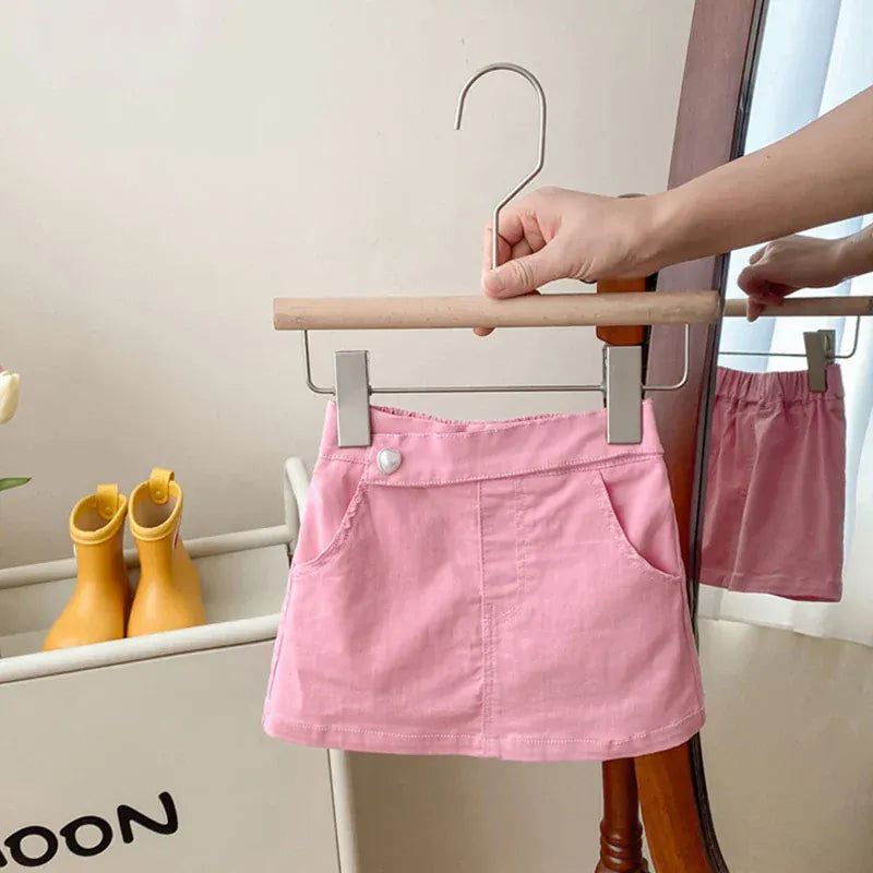 ピンクの台形ミニスカート キッズ用、ボタン付きウエスト