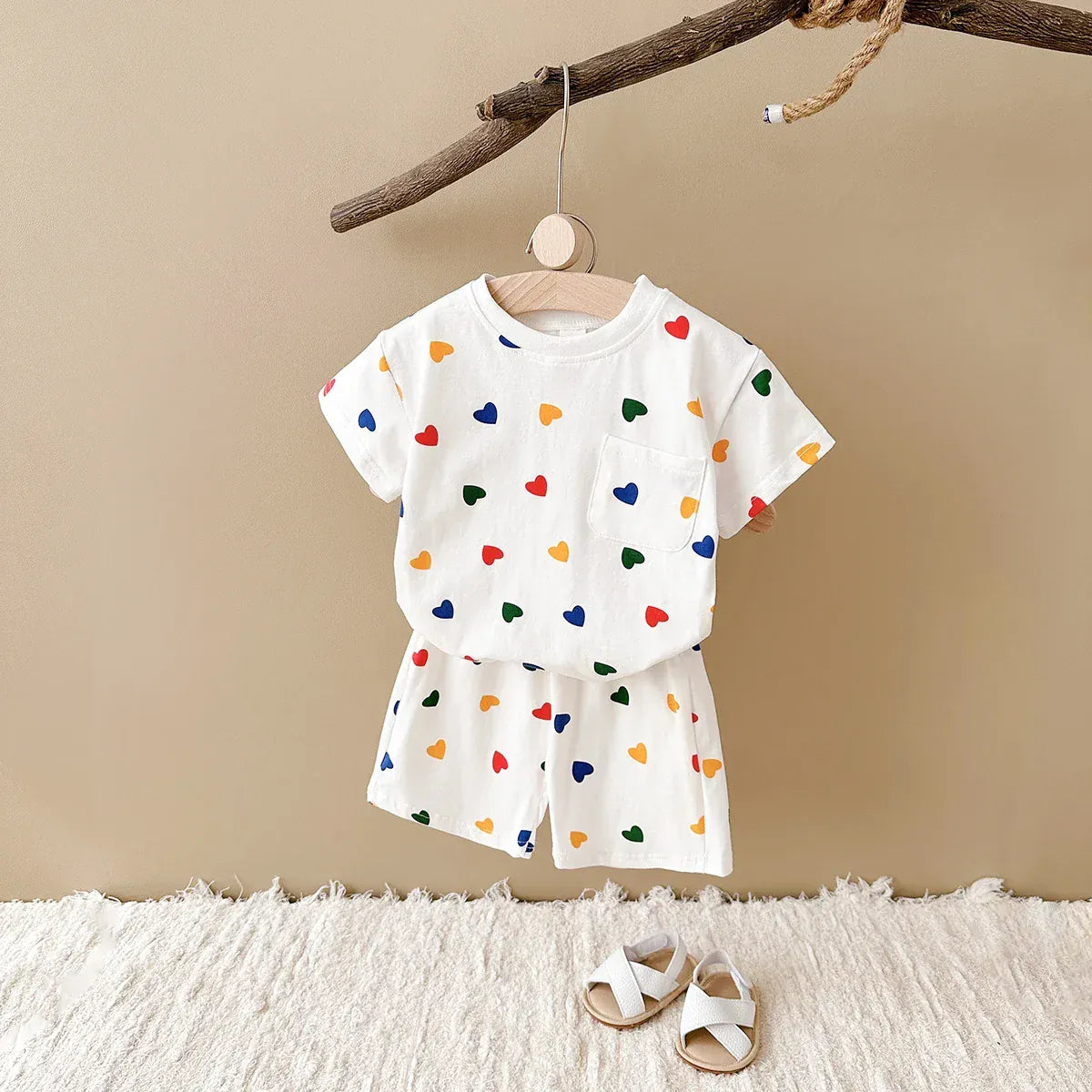 半袖セットアップ ベビーキッズセットアップ 2点セット 半袖Tシャツ+ショートパンツ チェック/カラフルハートプリント【mh0005638】