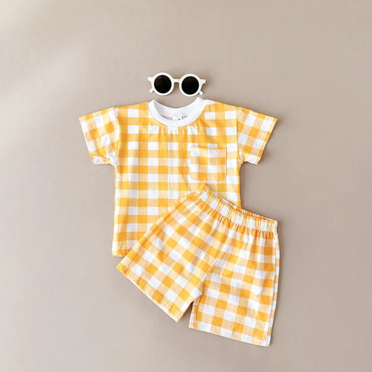 半袖セットアップ ベビーキッズセットアップ 2点セット 半袖Tシャツ+ショートパンツ チェック/カラフルハートプリント【mh0005638】