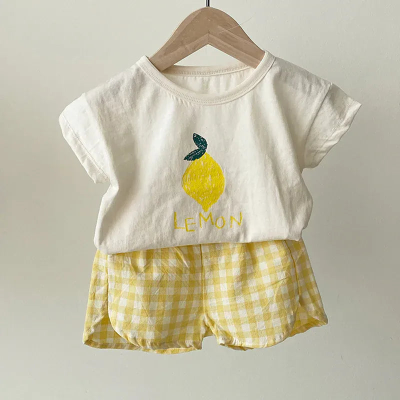 キッズ用レモン柄Tシャツ&黄チェックショートパンツ2点セット