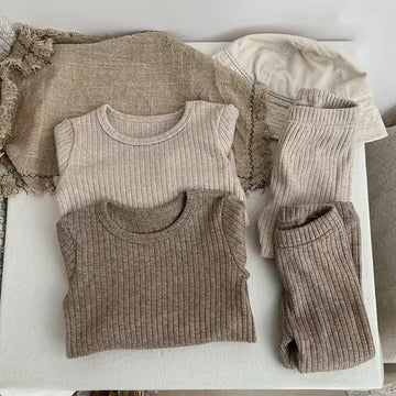 長袖セットアップ ベビーキッズセットアップ 2点セット シンプル長袖リブTシャツ+リブロングパンツ ルームウェア【mh0008582】