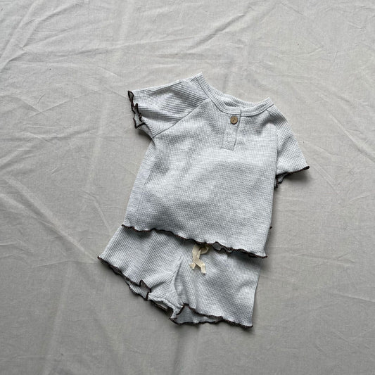 半袖セットアップ ベビーセットアップ 2点セット シンプルベーシックフリルリブ半袖Tシャツ+ショートパンツ【mh0009182】