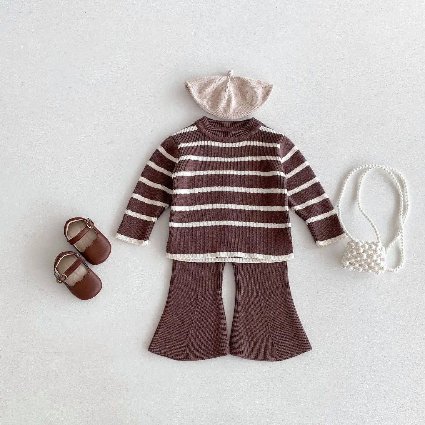 長袖セットアップ キッズトップス/パンツ ニット 長袖ボーダーセーター/ニットロングフレアパンツ 3カラー