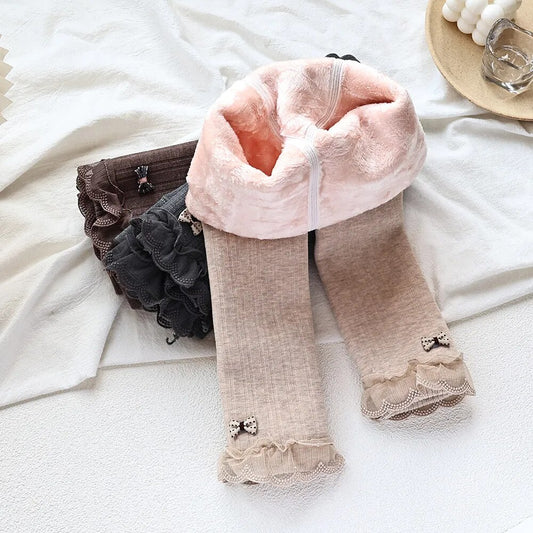 レギンスパンツ キッズレギンス 裏ボア 暖パン レギンスパンツ レギパン タイツ リボン レースフリル カーキ グレー ベージュ 3カラー ガールズ 女の子 子供服【mh0003074】