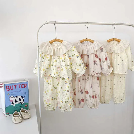 長袖パジャマ ベビーキッズパジャマ プリント柄ラッフルフリル襟長袖ブラウス+ロングパンツ 3デザイン【mh0007481】