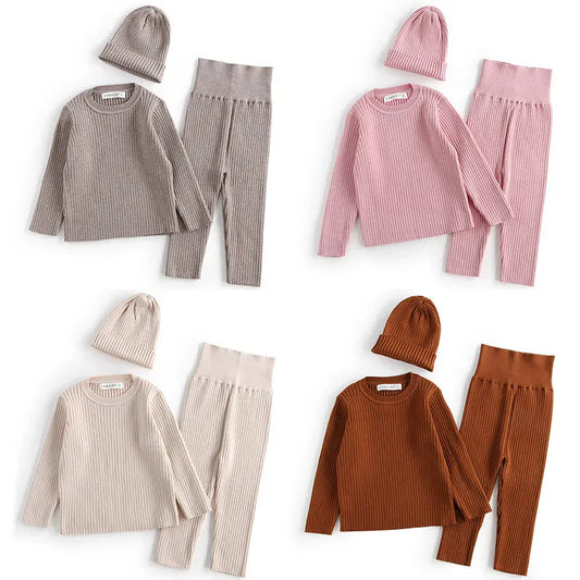 長袖セットアップ ベビーキッズセットアップ 3点セット 長袖パジャマセット 長袖リブTシャツ+ハイウェストリブパンツ+ニットキャップ帽子【mh0008504】