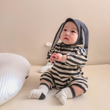 長袖ロンパース ベビー ボーダー 長袖 ルーズ ロンパース うさ耳 帽子 セット ボーイズ 3650C