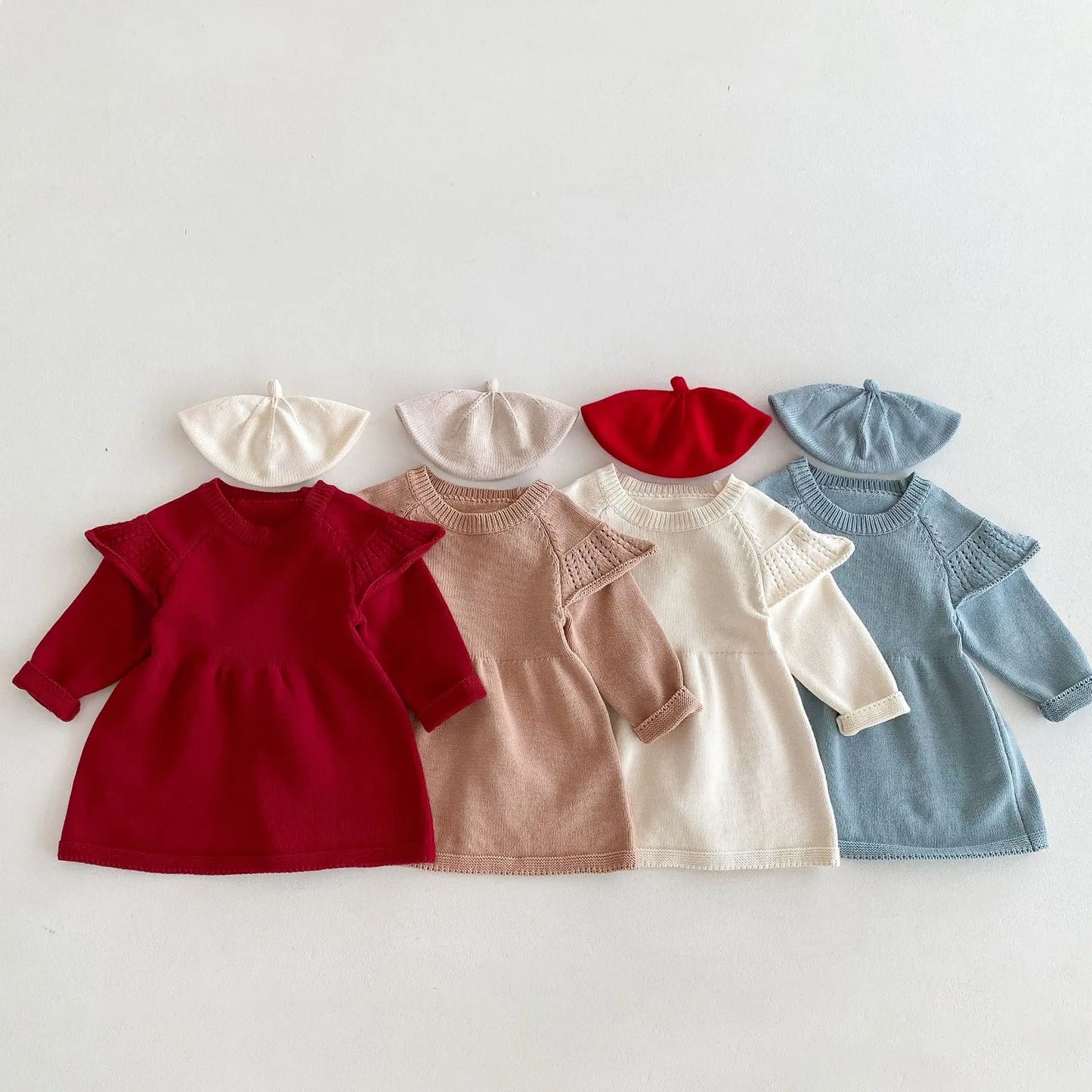 長袖ワンピース キッズワンピース ニット長袖ワンピース ショルダーレースキャップフリル 4カラー