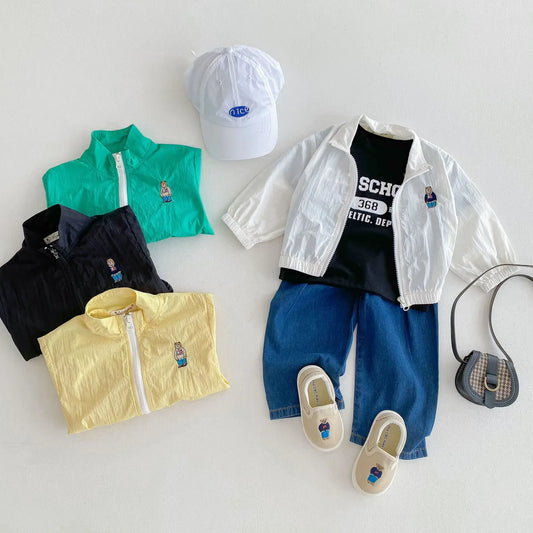 ショートコート・ジャケット・ジャンパー キッズアウター ウィンドブレーカー ジャンパー ジッパージャケット ベアくまワンポイント 日除け クーラー対策 4カラー