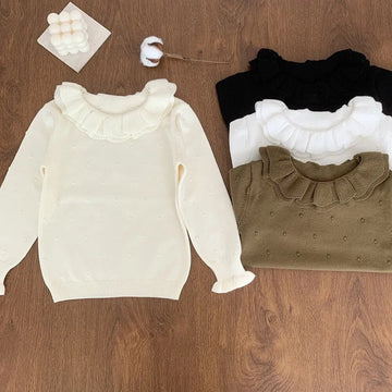 ニット・セーター キッズ 長袖カットソー ニット ダブルフリルカラー セーター トップス 4カラー ガールズ 女の子 子供服