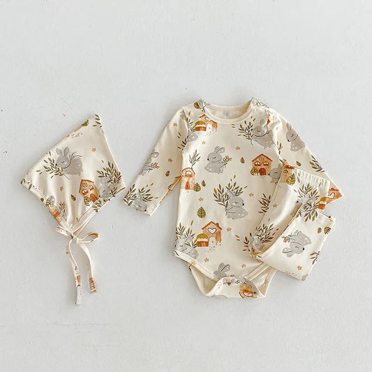 ロンパースセットアップ ベビーロンパース/パンツ/ボンネット フォレストアニマルプリント長袖ボディスーツ/ロングパンツ/帽子 4デザイン【mh0006931】