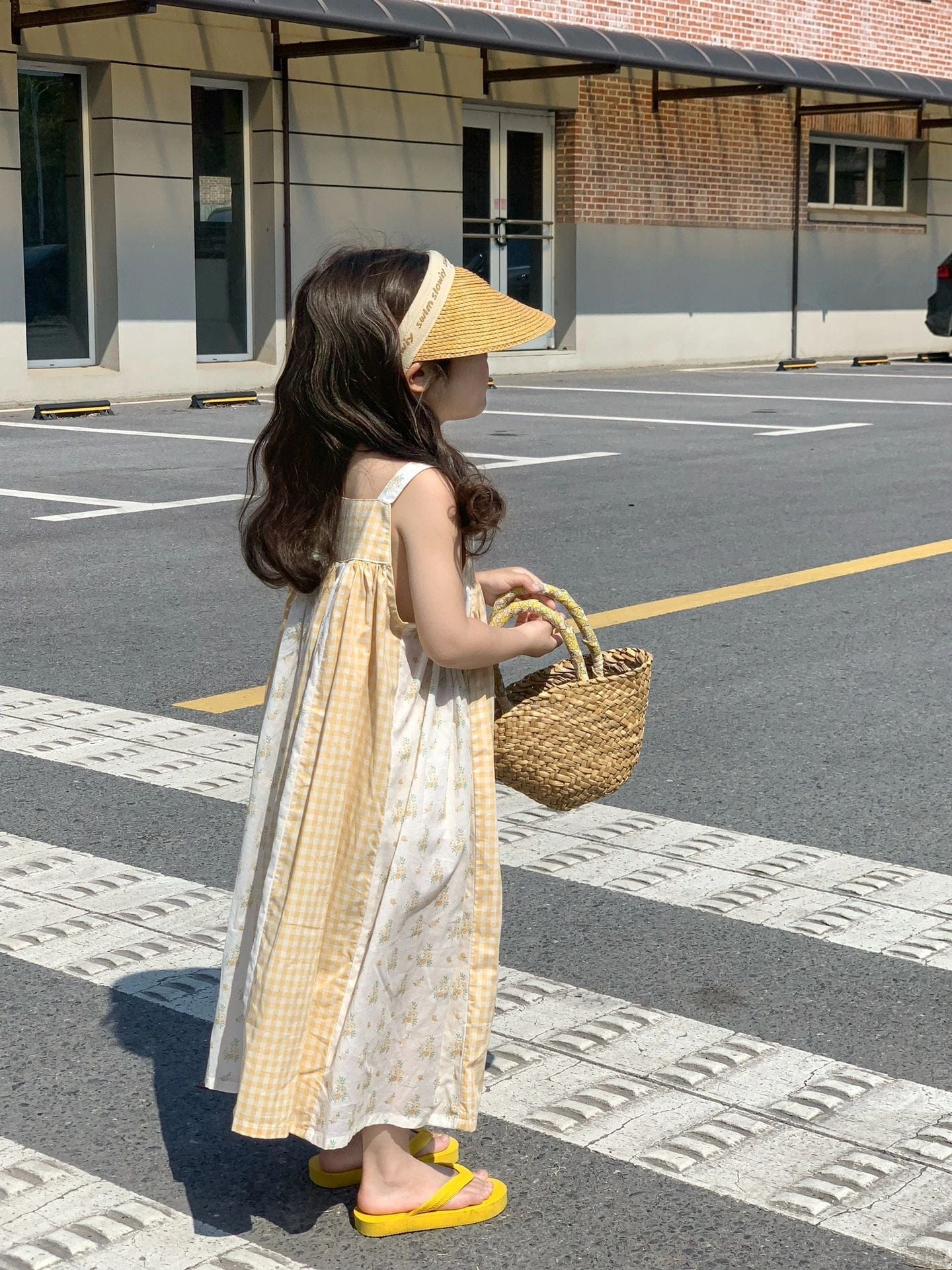 ノースリーブワンピース キッズ チェック フラワー 花柄 パッチワーク サスペンダー ノースリーブ ワンピース ピンク イエロー ガールズ 5879C