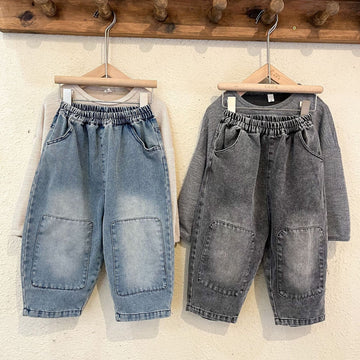 デニムパンツ キッズ デニム 膝パッチ ルーズ パンツ ジーンズ ジーパン ブルー ブラック ユニセックス 6923