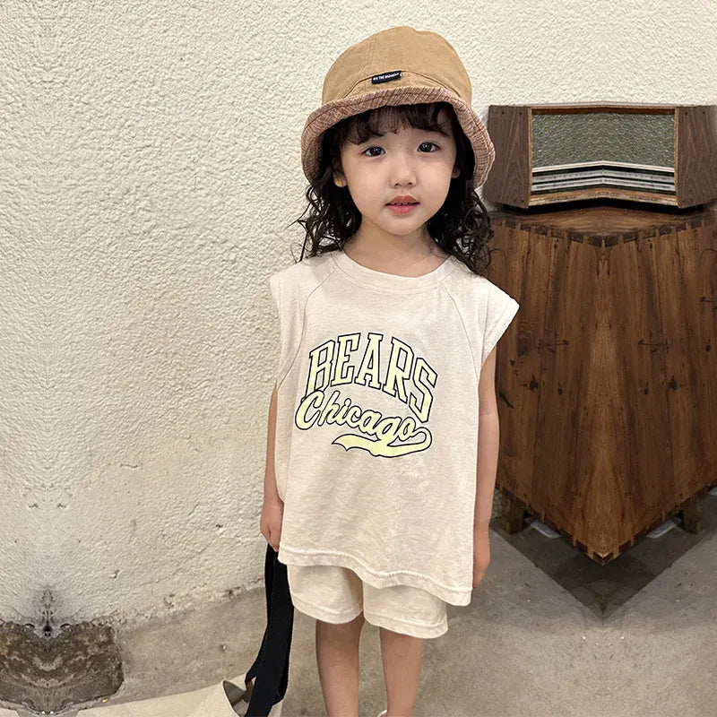 ノースリーブセットアップ apricot / 12M 80cm キッズセットアップ 2点セット ノースリーブTシャツ+ショートパンツ レターロゴプリント 2カラー