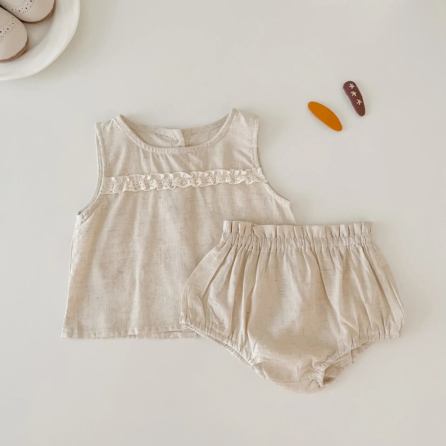 ノースリーブセットアップ Apricot / 66cm 0-6m ベビーセットアップ 2点セット ノースリーブフリルタンクトップ+ブルマパンツ 2カラー【mh0005538】