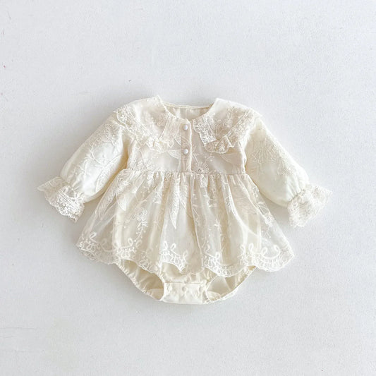 長袖ロンパース Apricot / 66cm 0-6m ベビーロンパース チュチュチュールレーススカートドッキング襟付き長袖ドレスボディスーツ【mh0007401】