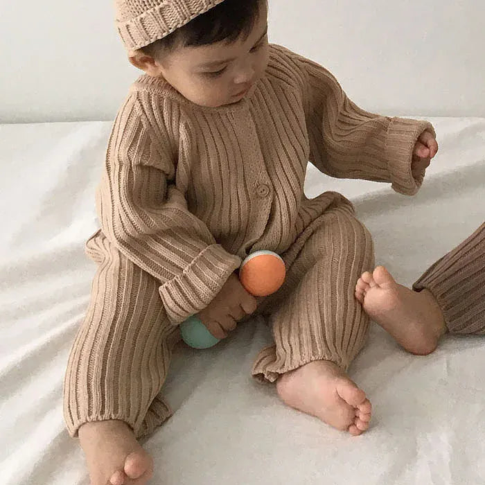 長袖ロンパース Apricot / 66cm ベビーロンパース 長袖リブニットジャンプスーツ 3カラー【mh0003796】