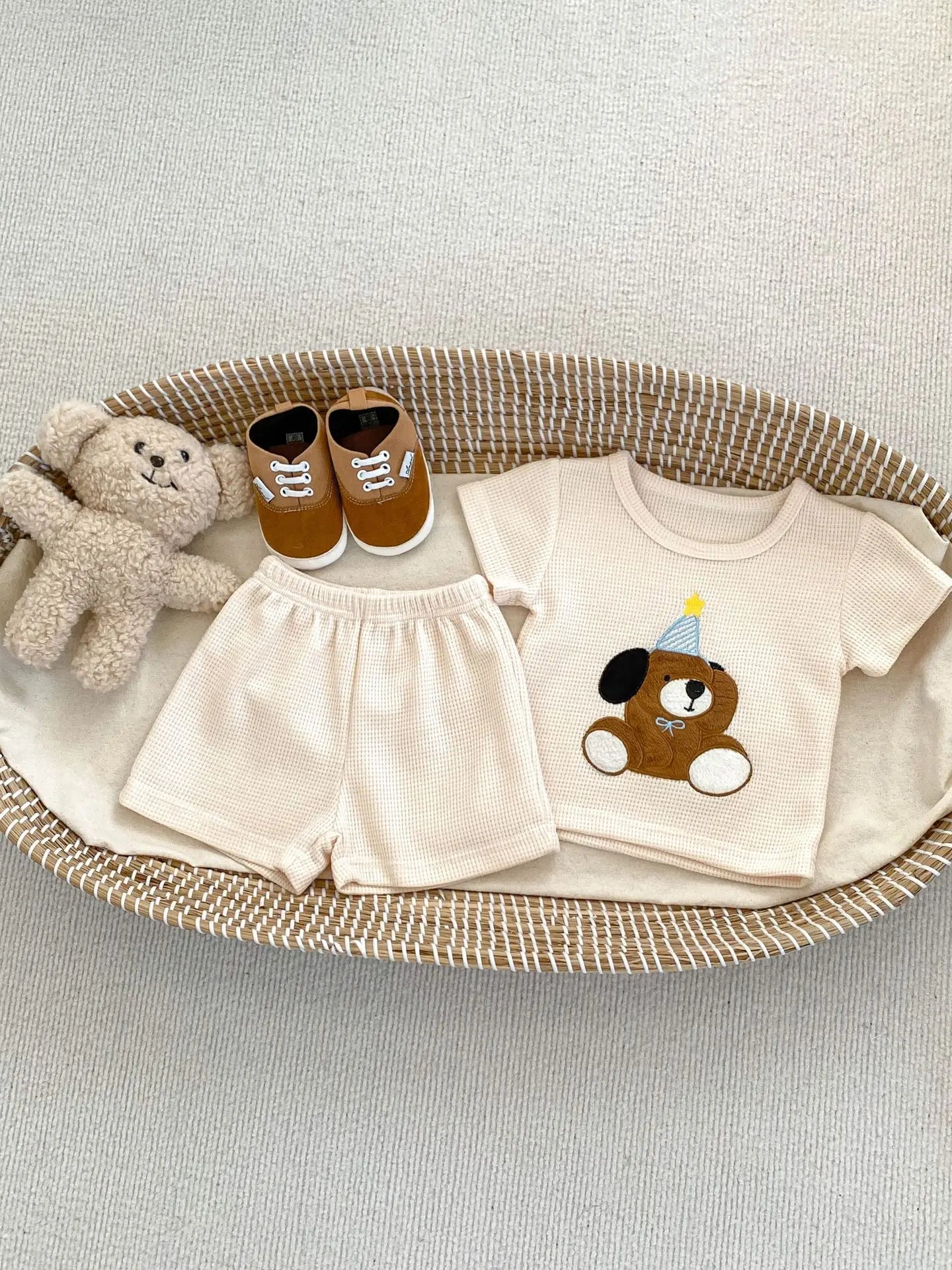 半袖セットアップ apricot / 6M 66cm ベビーセットアップ 2点セット ワッフル 半袖Tシャツ+ショートパンツ 犬ドッグ刺繍 2カラー