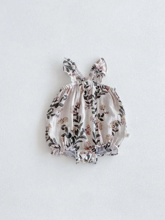 ノースリーブロンパース Apricot / 6M 66CM ベビーロンパース フリルサスペンダーボディスーツ フラワー花柄プリント【mh0006193】