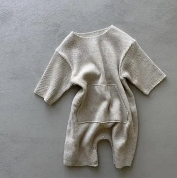 長袖ロンパース Apricot / 6M 66CM ベビージャンプスーツ カンガルーポケット長袖ニットロンパース【mh0008843】
