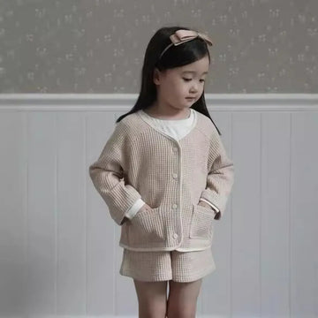 長袖セットアップ Apricot / 80cm 9-12M キッズセットアップ 2点セット ワッフルバイピング長袖カーディガン+ショートパンツ 2カラー【mh0007492】