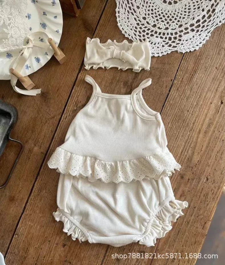 幼児用下着 apricot / 9M 73CM ベビーセットアップ 3点セット キャミソール+フリルブルマパンツ+リボンヘアバンド インナー肌着下着セット【mh0008792】