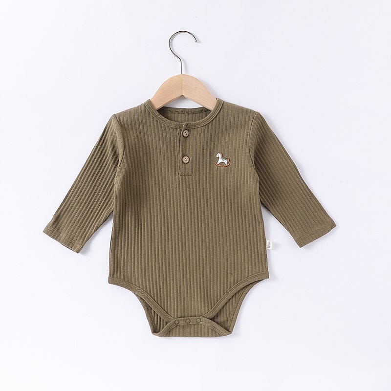 長袖ロンパース Army Green / 66cm 木馬ワンポイント刺繍リブ長袖ボディスーツ【mh0010742】