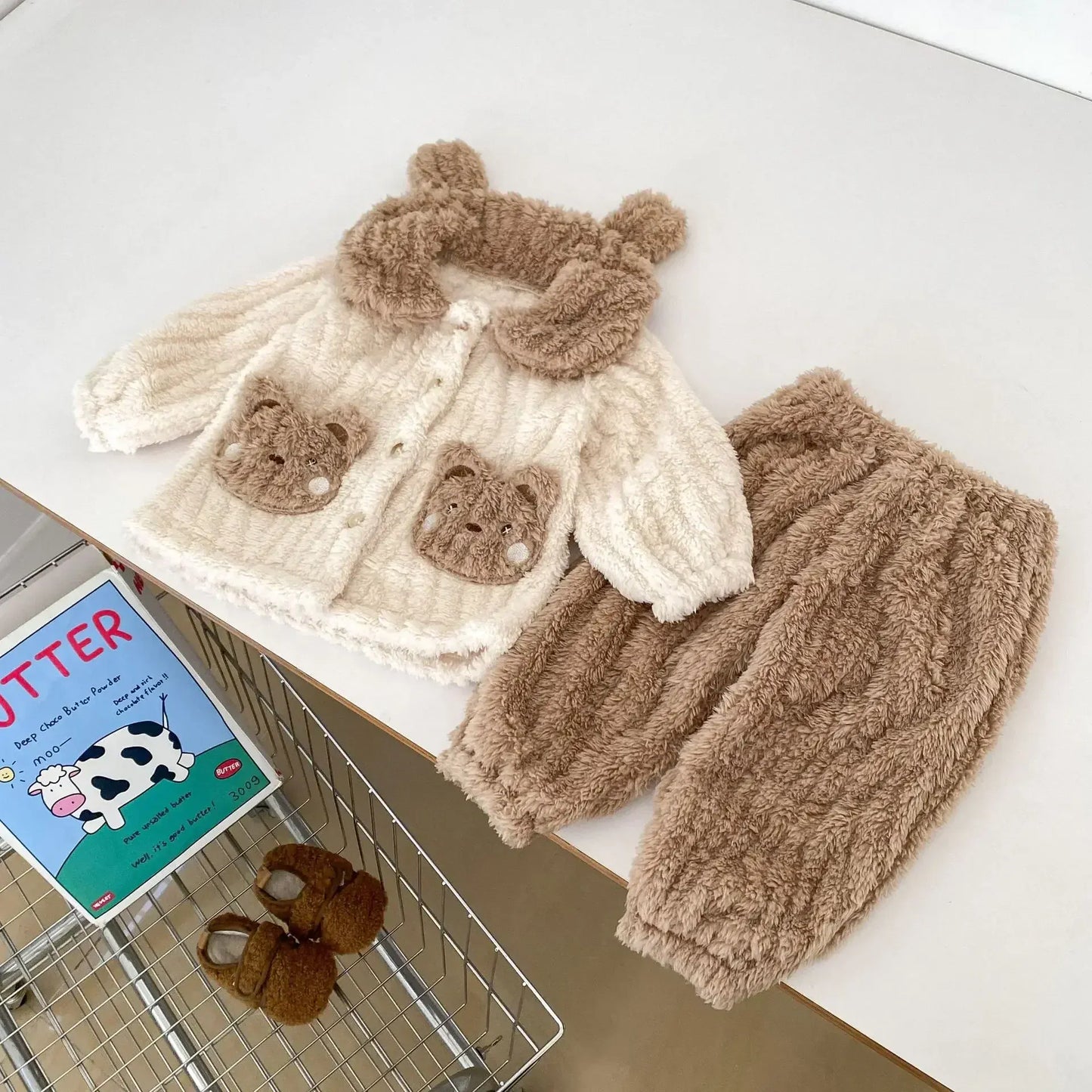 長袖パジャマ bear / 73cm 6-9M ベビーキッズパジャマセット くまベア/うさぎバニー耳付きフリースカーディガントップス+ロングパンツ 防寒ルームウェア2カラー【mh0007514】