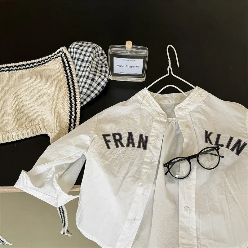 長袖シャツ・ブラウス beige / 12M 80CM キッズトップス レターロゴ刺繍長袖オーバーシャツ 2カラー