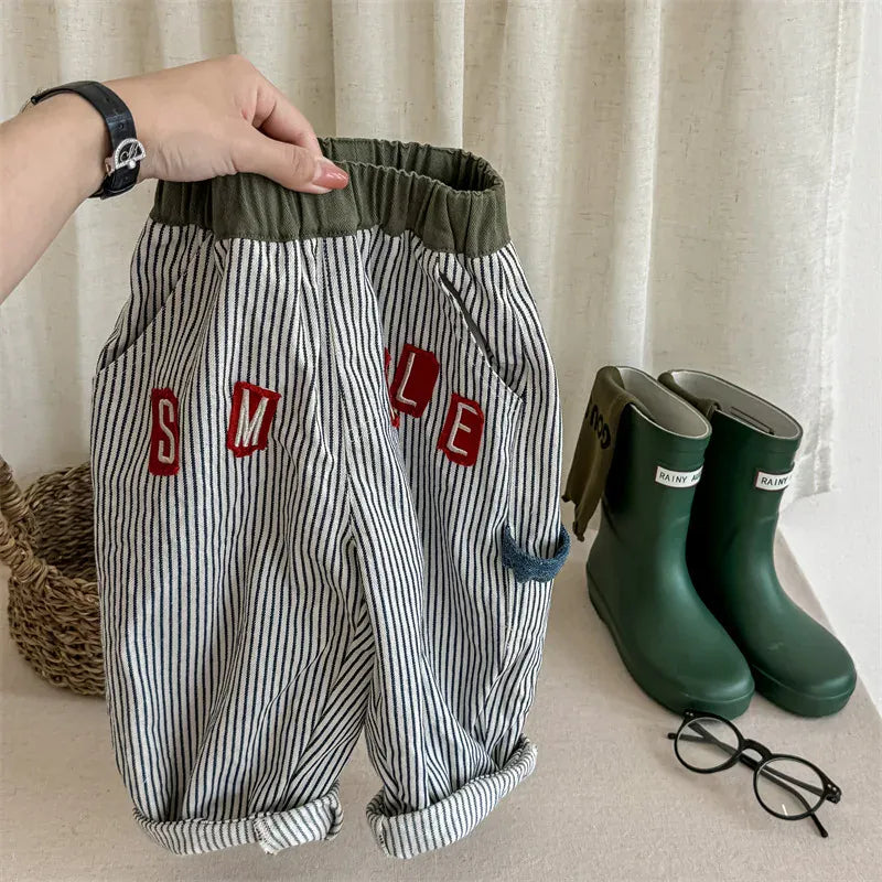 ロングパンツ・スウェットパンツ beige / 12M 80CM キッズパンツ ストライプ ルーズロングパンツ ヒッコリーパンツ 2カラー