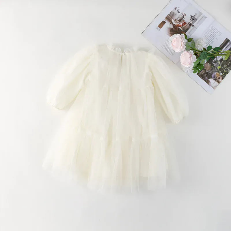 長袖ワンピース Beige / 2T (90) キッズワンピース ティアードチュチュチュールフリル長袖パーティドレスワンピース【mh0008665】