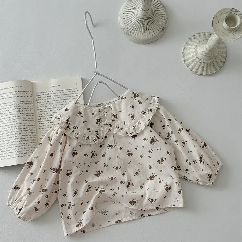 長袖シャツ・ブラウス Beige / 3-6M 66cm ベビートップス 長袖ビッグ襟ブラウス Tシャツ フラワー小花柄/無地 3カラー【mh0006391】