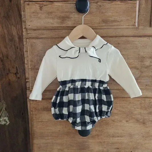 長袖ロンパース Beige / 66cm 0-6m ベビーロンパース リボン襟ドッキング長袖ボディスーツ チェック/水玉【mh0007086】