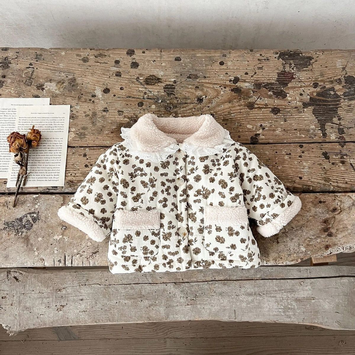 ショートコート・ジャケット・ジャンパー beige / 66cm / 取り寄せ(7〜21日) ベビー ショートコート 裏ボア フラワー 花柄プリント アウター ベージュ ブラウン 2カラー ガールズ 女の子 子供服