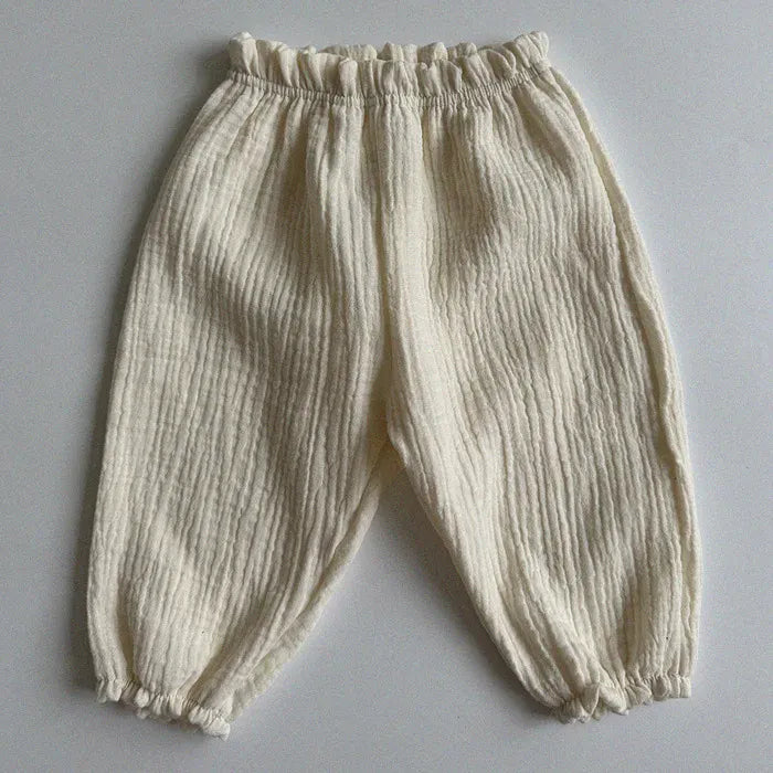 ベビールーズパンツ クリーム色 くしゅくしゅ生地 伸縮ウエスト