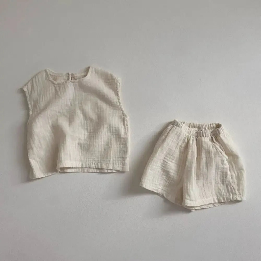 ノースリーブセットアップ Beige / 73cm 6-9M ベビーセットアップ 2点セット ノースリーブトップス+ショートパンツ シンプルベーシック 2カラー【mh0005353】