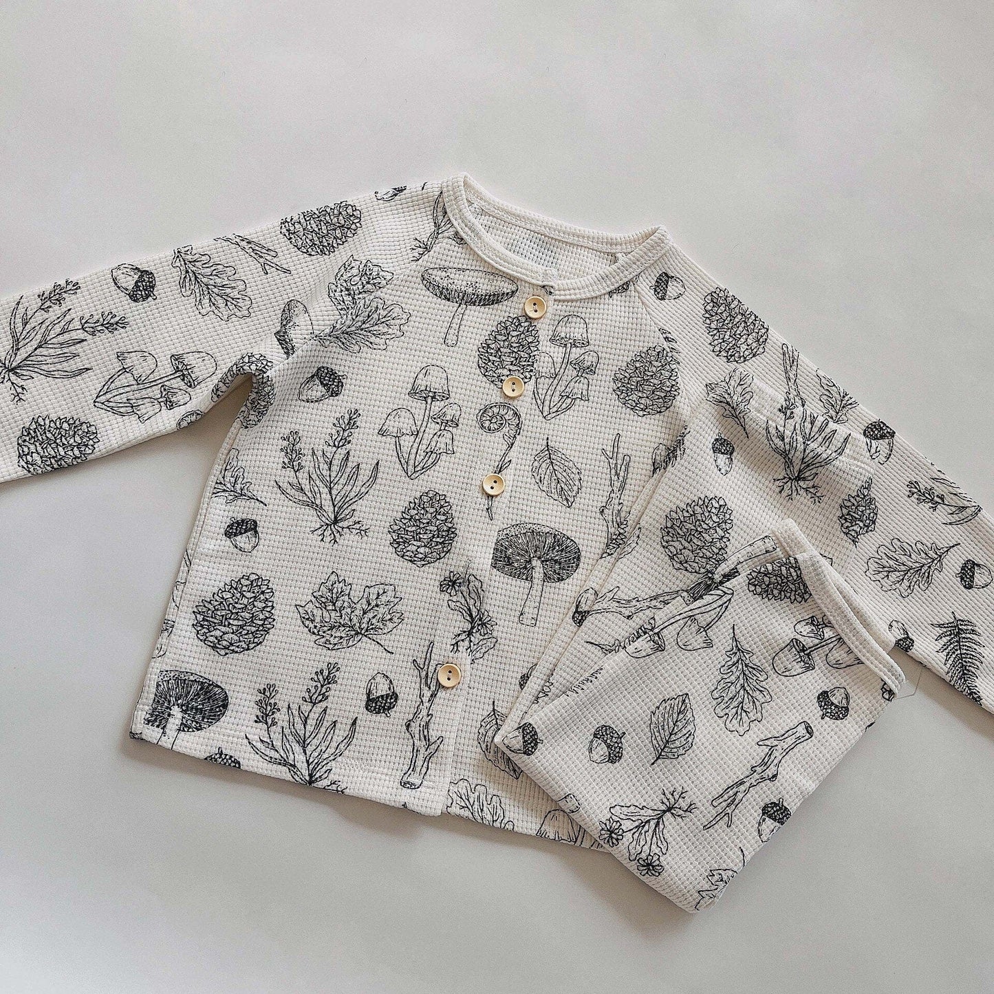 長袖パジャマ beige / 80cm キッズ ワッフル 長袖 パジャマセット ボタニカル 幾何学 太陽 ルームウェア 3デザイン ユニセックス