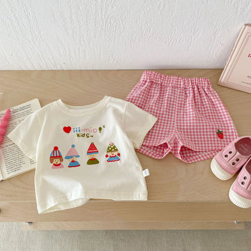 半袖セットアップ Beige / 9M 73CM キッズセットアップ 2点セット 半袖プリントTシャツ+チェックショートパンツ【mh0005456】
