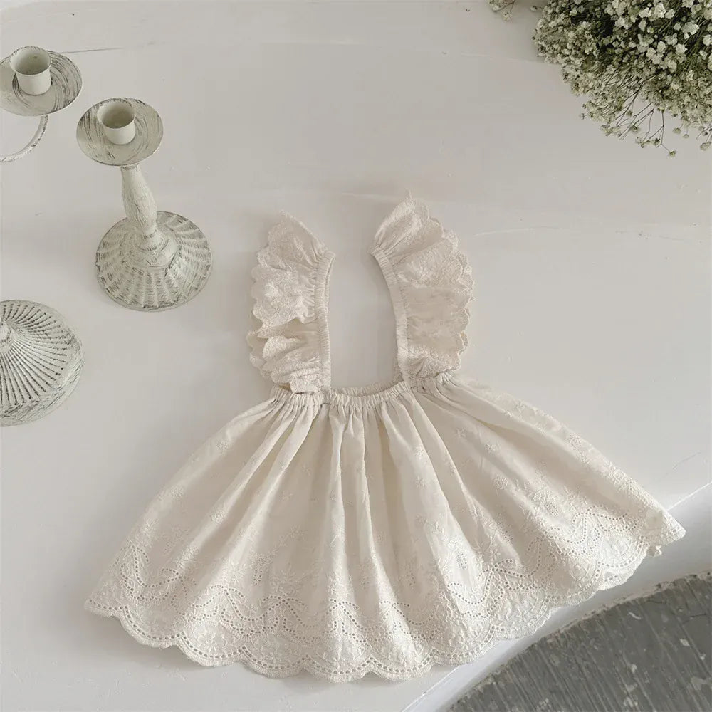 長袖セットアップ beige dress / 6-9 Months 73cm ベビートップス/スカート ボーダー長袖Tシャツ/レースフリルサスペンダースカート【mh0008836】