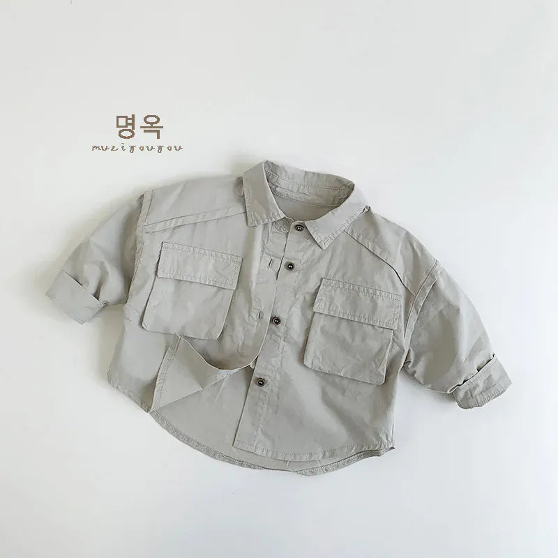 長袖シャツ・ブラウス beige gray / 12M 80CM キッズトップス 長袖シャツ ワークシャツ ポケット 2カラー
