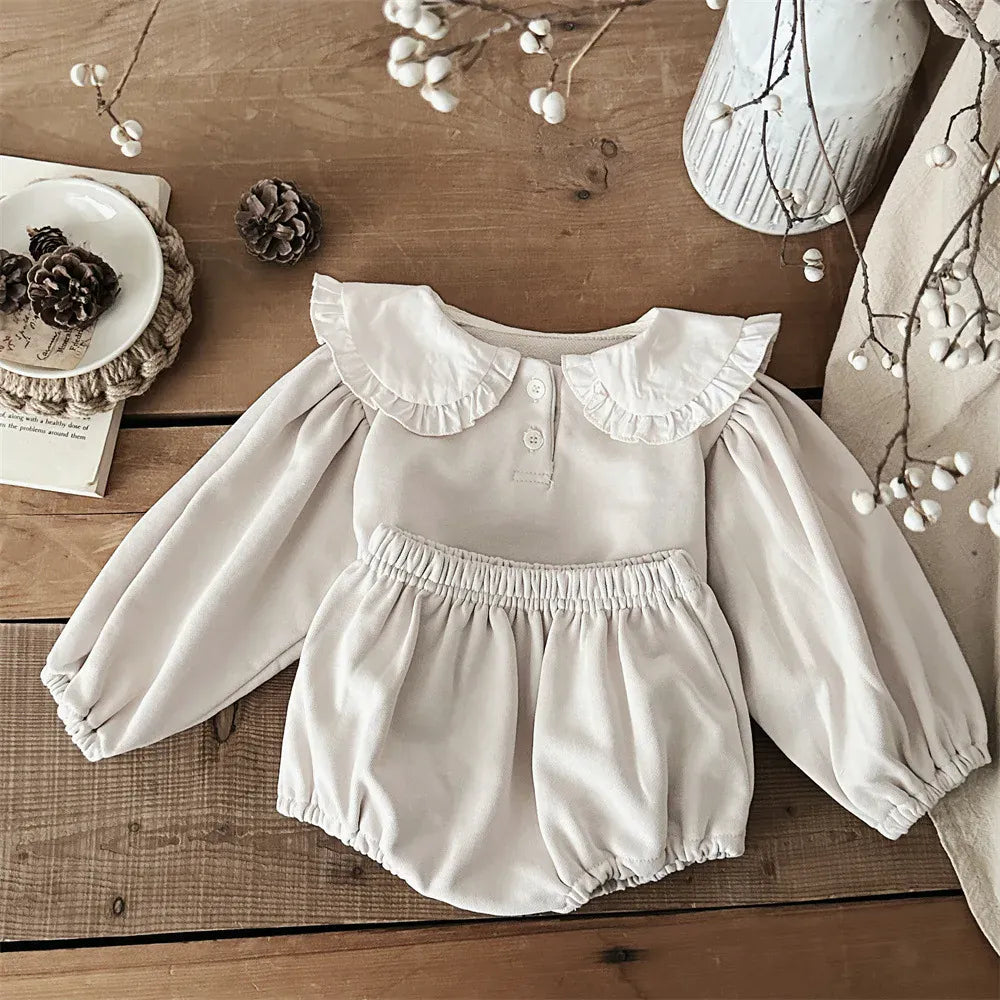 長袖セットアップ Beige Gray / 3-6 Months 66cm ベビーセットアップ 2点セット フリル丸襟長袖パフスリーブブラウス+ブルマパンツ【mh0008847】