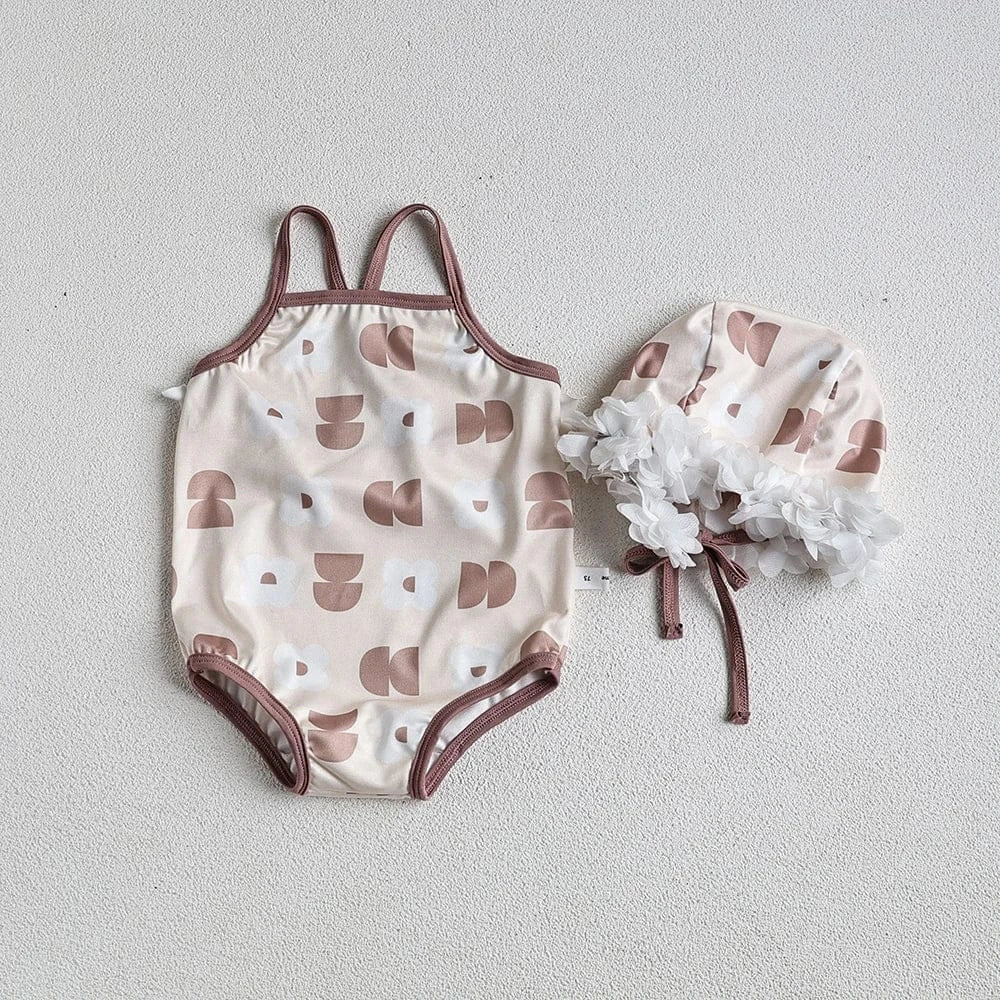 ベビー用水着 beige one piece / 73cm ベビー水着 ワンピース スイムウェア フラワー花柄 帽子セット 3カラー【mh0004918】