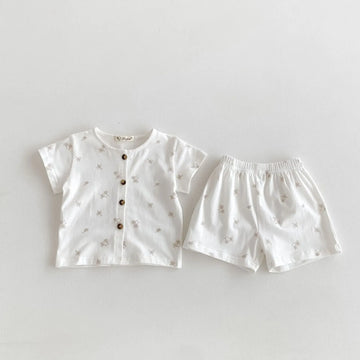 半袖パジャマ beige white / 12M 80cm キッズパジャマセット 半袖Tシャツ+ショートパンツ ヤシの木プリント ルームウェア 2カラー