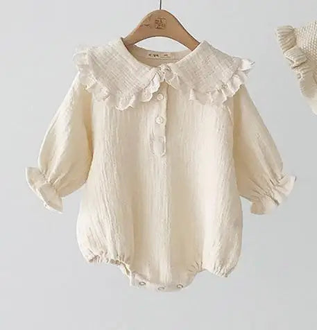 長袖ロンパース beige white / 6M 66cm ベビーロンパース 長袖ボディスーツ フリル襟 2カラー