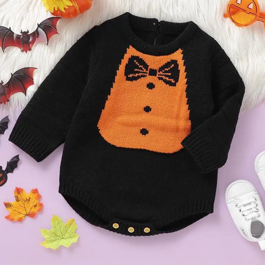 長袖ロンパース black / 1-3M 62cm ベビーロンパース 蝶ネクタイ柄ニット長袖ボディスーツ ハロウィンHalloween 👻 2カラー