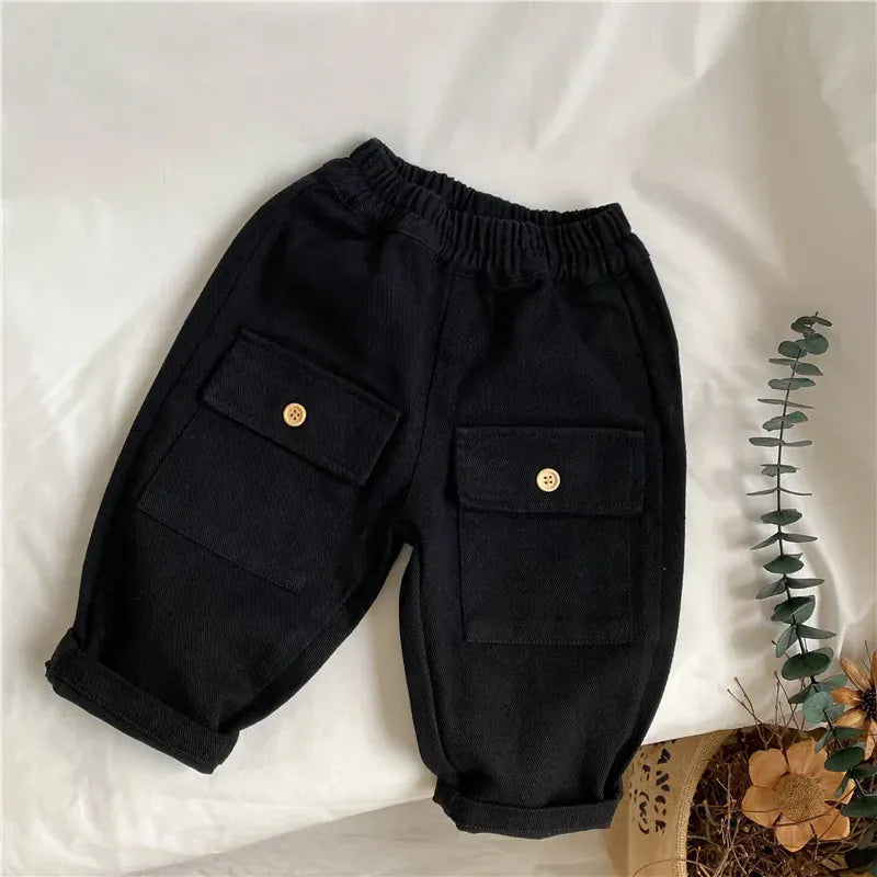 ロングパンツ・スウェットパンツ black / 12M 80cm キッズパンツ ルーズ ボタン ポケット アクセント ロングパンツ 2カラー